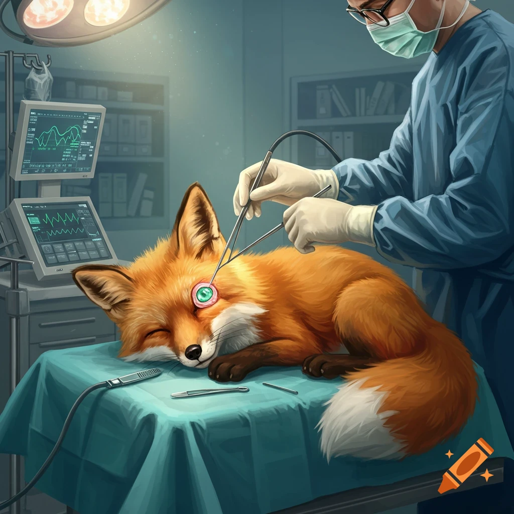 An illustrated image of a sleeping fox on a surgical table, with a surgeon replacing its eye with a glowing robotic one.