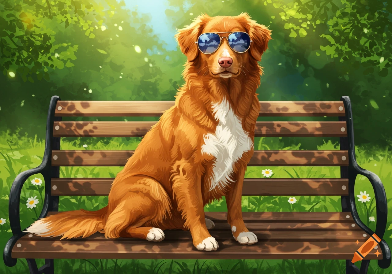 An illustrated Nova Scotia Duck Tolling Retriever wearing sunglasses sits on a wooden bench in a sunny park.