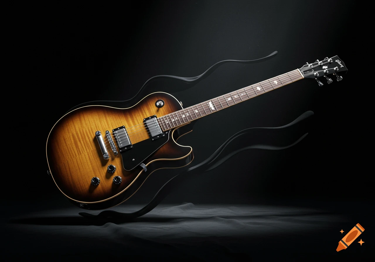 A photorealistic electric guitar with a sunburst finish floats against a dark, textured background with dramatic lighting and abstract shadowy curves.