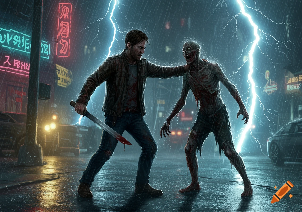 A man with a sword fighting a zombie in a rainy, neon-lit city street under lightning.
