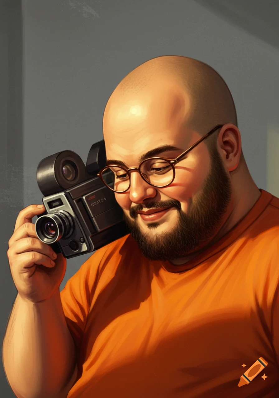 Closeup portrait of a bald man with a beard and glasses, smiling while holding an old VHS cinema camera. He wears an orange shirt against a grey wall.