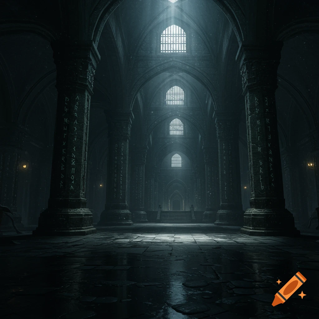 A dark, empty gothic hall with massive pillars covered in runes, illuminated by shafts of light from high windows, with corridors receding into the distance.