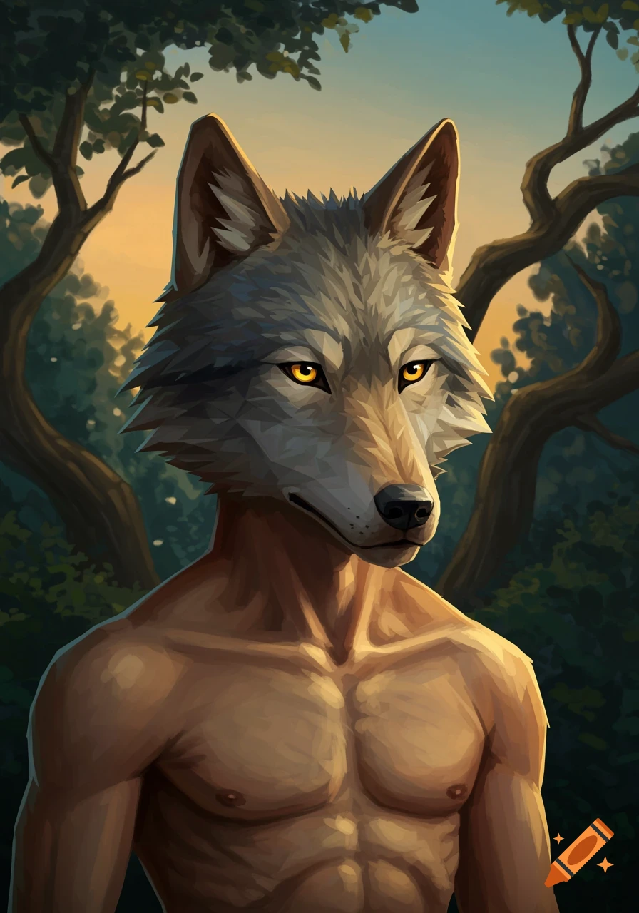 An anthropomorphic wolf with a muscular human torso stands in a forest at sunset, painted in an illustrative style.