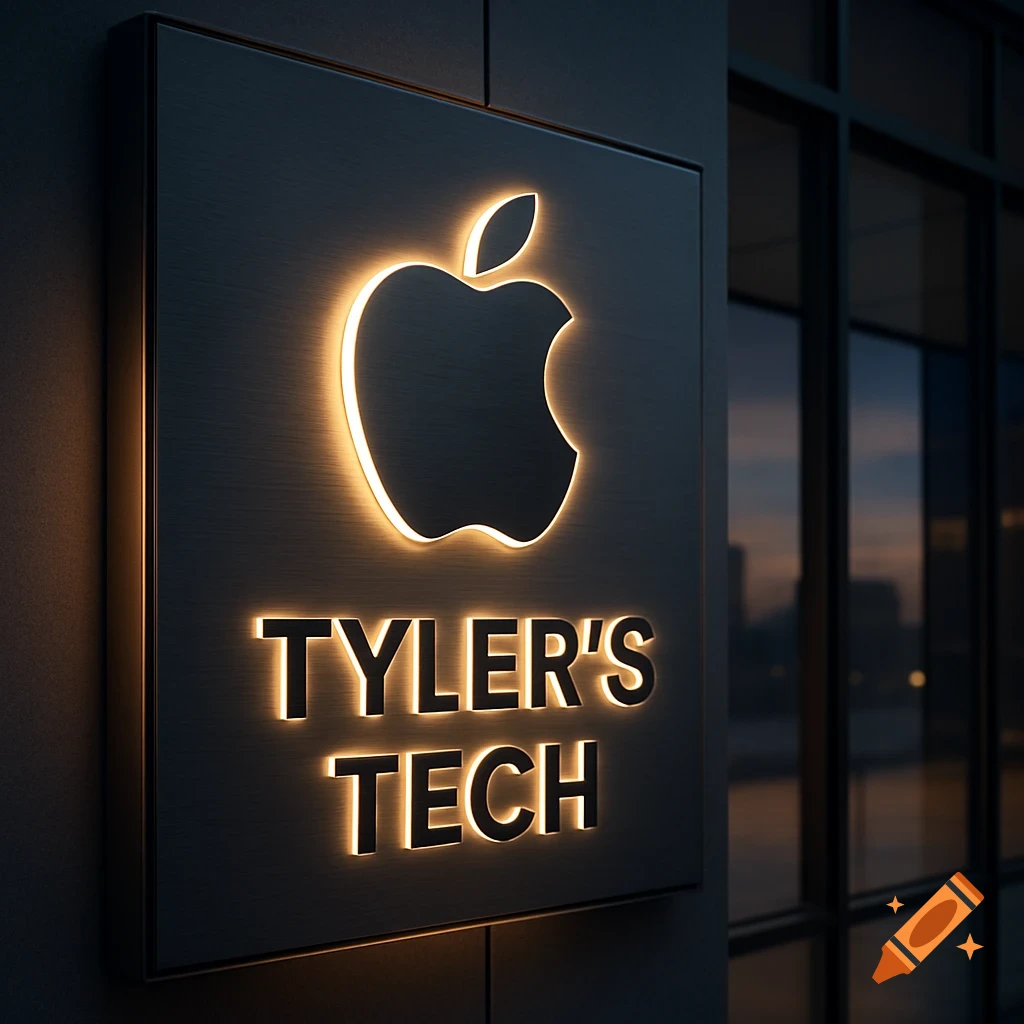 A photorealistic close-up of a dark brushed metal sign with a glowing Apple logo and 'TYLER'S TECH' text, mounted on a building.
