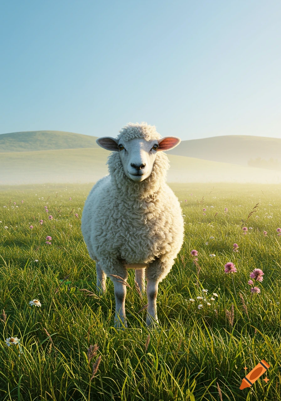 A photorealistic sheep stands in a vibrant green field filled with pink and white wildflowers under a clear blue sky.
