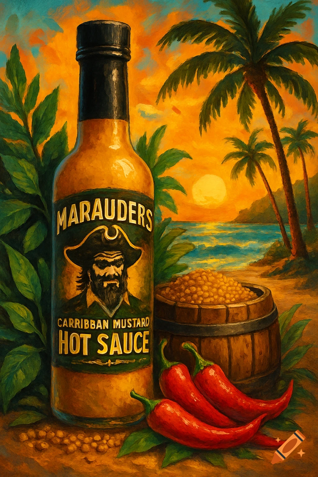 A painterly image of a 'Marauders' hot sauce bottle with a pirate on its label, red chili peppers, and mustard seeds, set against a tropical sunset beach with palm trees.