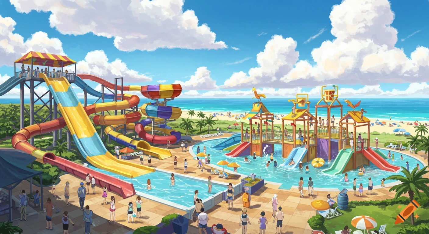 A vibrant, sunny illustration of a bustling waterpark with colorful slides and people, beside a sandy beach and ocean.