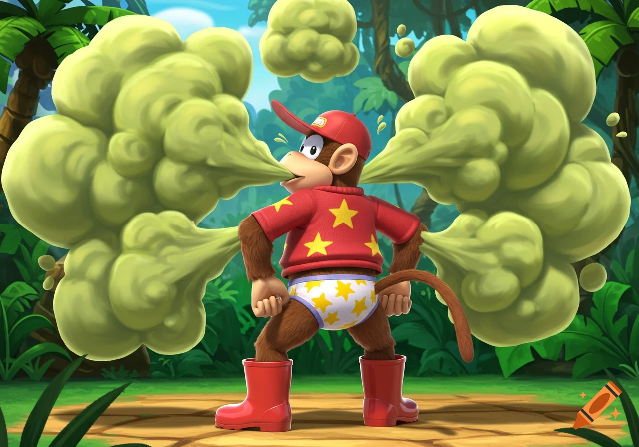 Diddy Kong in a red sweater and star-patterned briefs, wearing red boots, emitting large greenish-yellow fumes from his rear in a jungle.