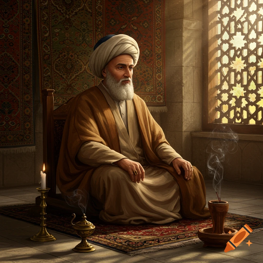 An elderly man with a white beard and turban, dressed in traditional brown robes, sits on a patterned rug in a sunlit room with an ornate window. A lit candle and incense burner are nearby.