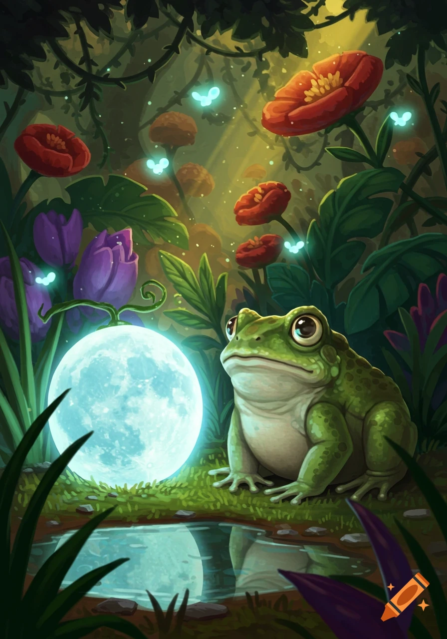 A whimsical illustration of a green frog next to a glowing blue moon orb in a dark, magical forest with red and purple flowers and fireflies.