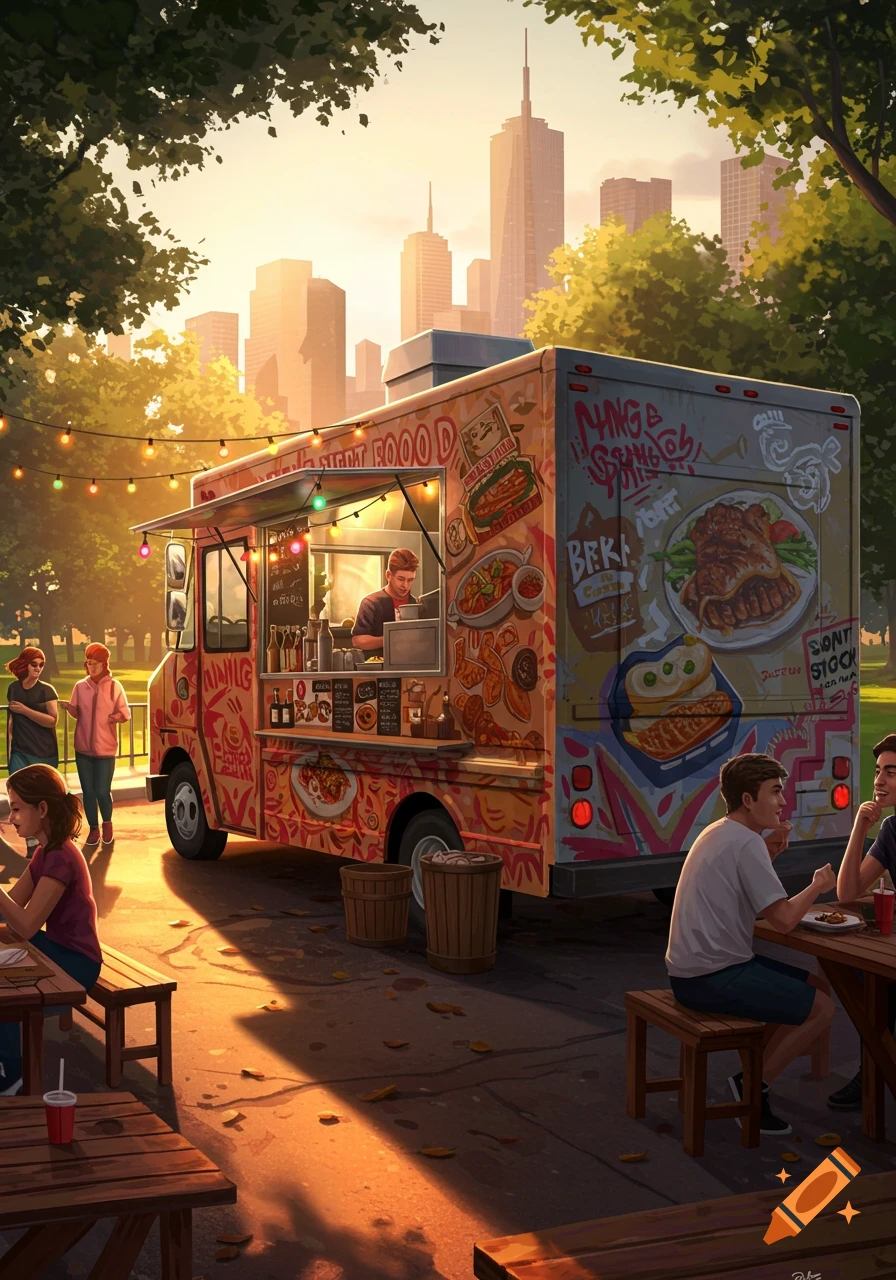 A bustling food truck selling street food at sunset in a park with a city skyline in the background. People are gathered around tables, eating and socializing.