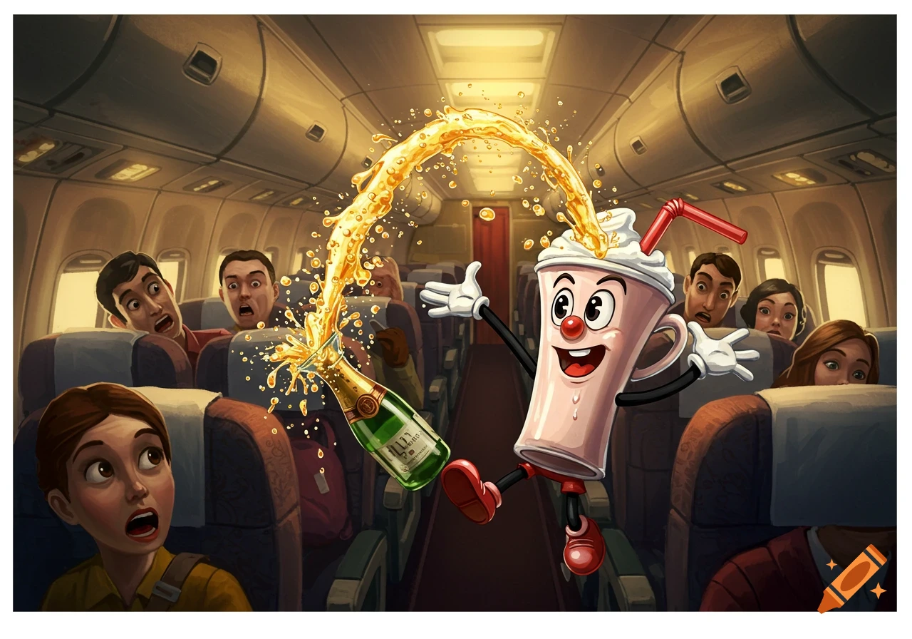 A cartoon milkshake character spills champagne from a bottle, creating a large arc, startling passengers on an airplane.