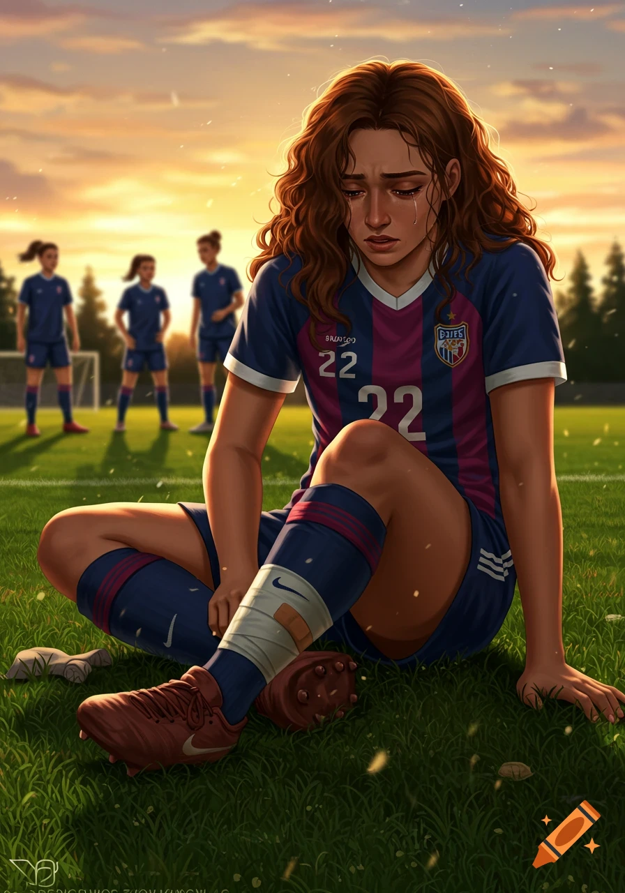 A crying female soccer player with a bandaged ankle sits on a grassy field, surrounded by her teammates at sunset. Illustrated style.