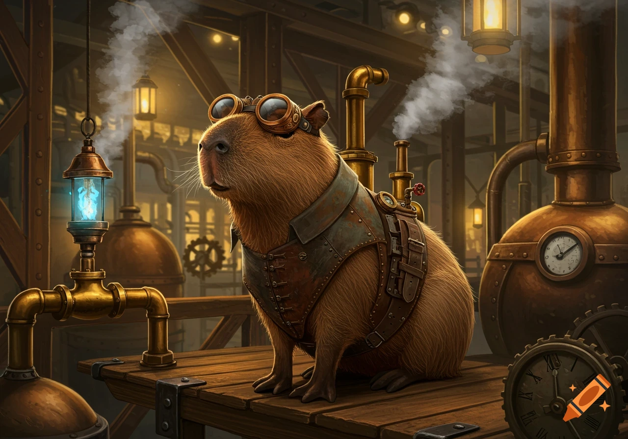 A capybara wearing steampunk goggles and harness sits on a wooden platform amidst brass pipes and machinery, with steam rising.