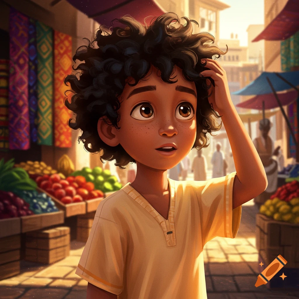 Animated boy with curly black hair and brown eyes in a sunny, bustling market with colorful textiles and fruit stalls.