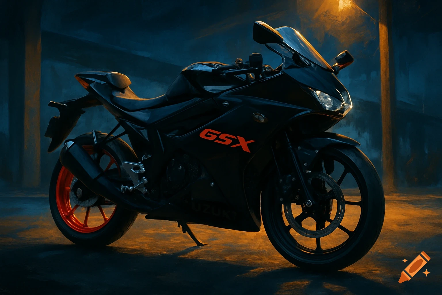 A dark black sports motorcycle with orange wheels and 'GSX' written in red on its side, illuminated by warm streetlights against a cool blue background.
