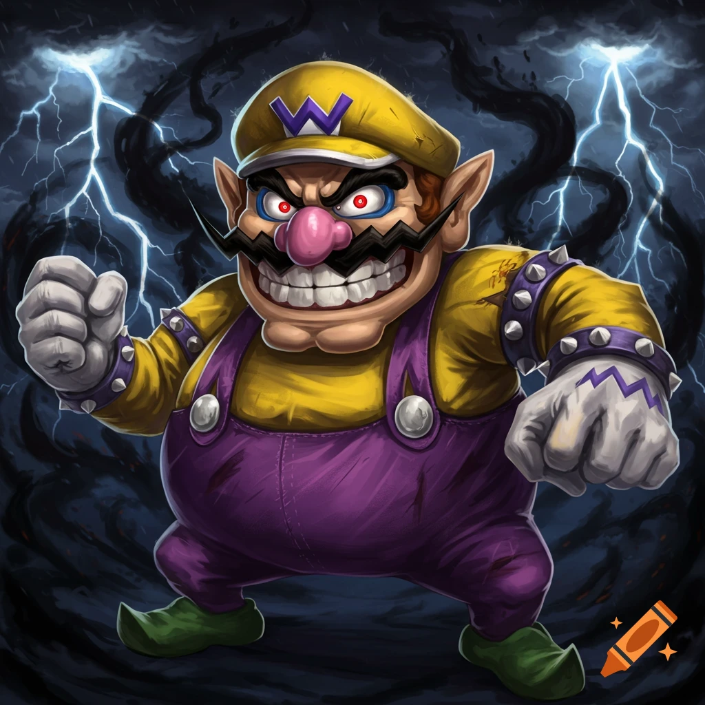 Evil-looking Wario with glowing red eyes and a wide, menacing grin, set against a backdrop of dark clouds and lightning.