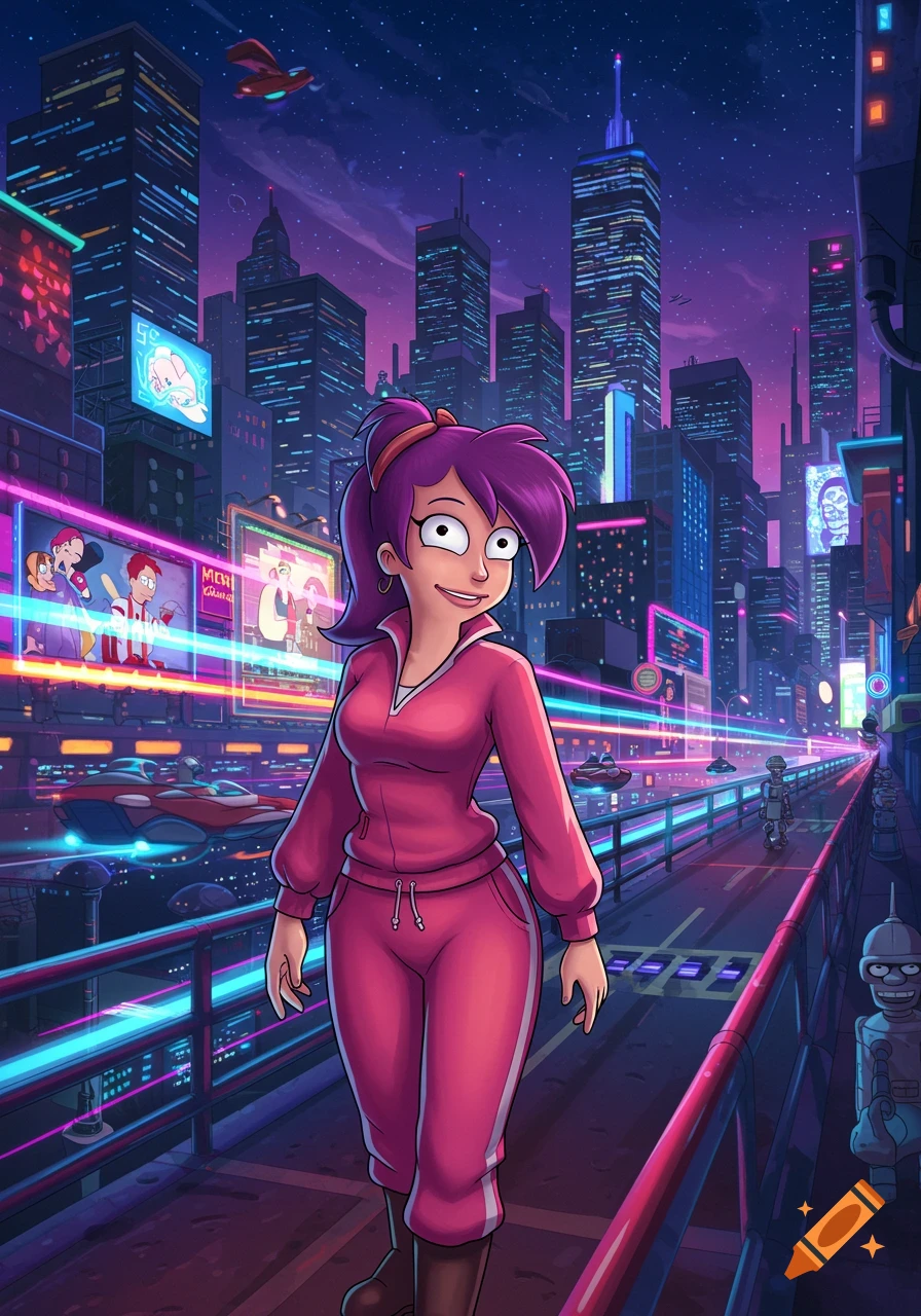 Animated character Leela from Futurama in a pink tracksuit walks on a neon-lit futuristic city bridge at night. Skyscrapers and flying vehicles fill the background.