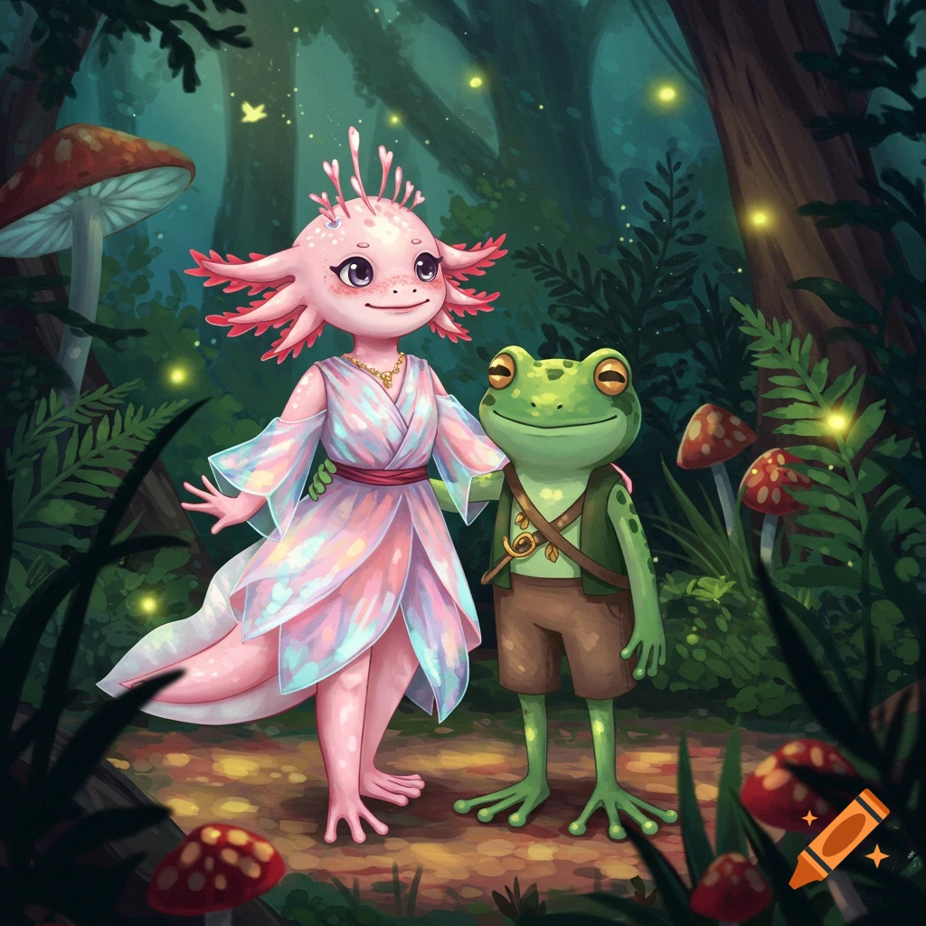 An anime-style axolotl girl in a flowing dress stands with a frog boy in a magical forest with glowing fireflies and mushrooms.