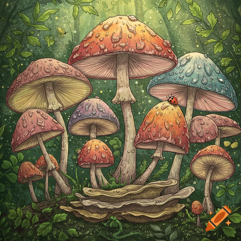A colorful illustration of detailed mushrooms in a forest, with a ladybug on one, in a coloring book style.