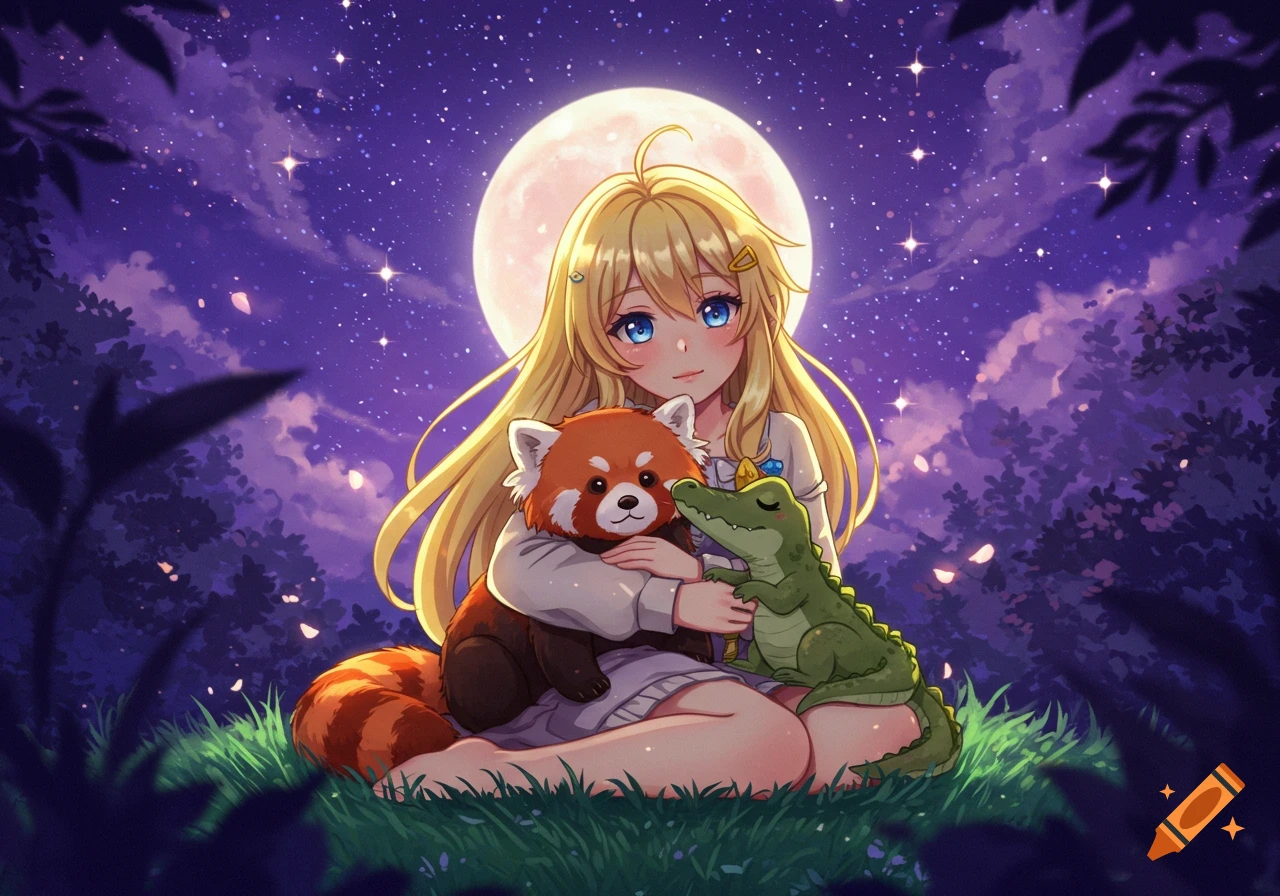 Anime girl with blonde hair sits under a full moon, holding a red panda and a crocodile, in a starry purple night scene.