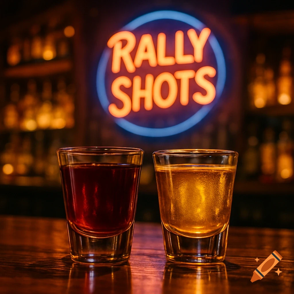 Two shot glasses, one red and one gold, on a wooden bar counter with a blurred neon sign saying 'Rally Shots' in the background.