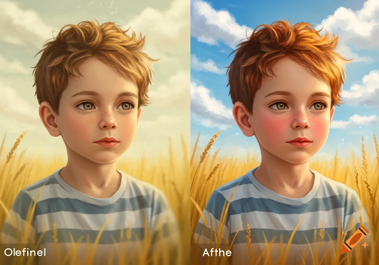 Digital art portrait of a young boy with red hair and green eyes in a wheat field under a cloudy sky.