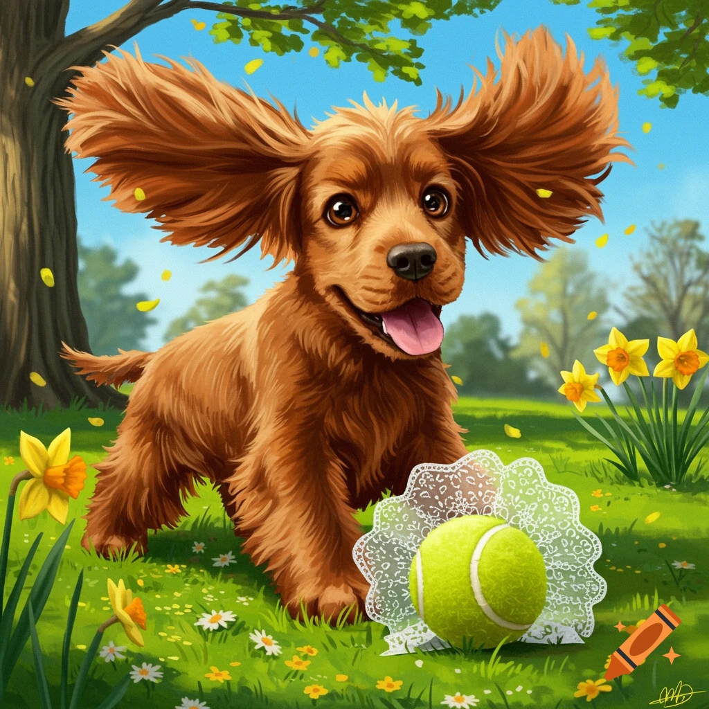 A happy brown cocker spaniel puppy with large ears plays in a green field filled with yellow daffodils and white flowers, next to a tennis ball with a white lacy pattern around it.