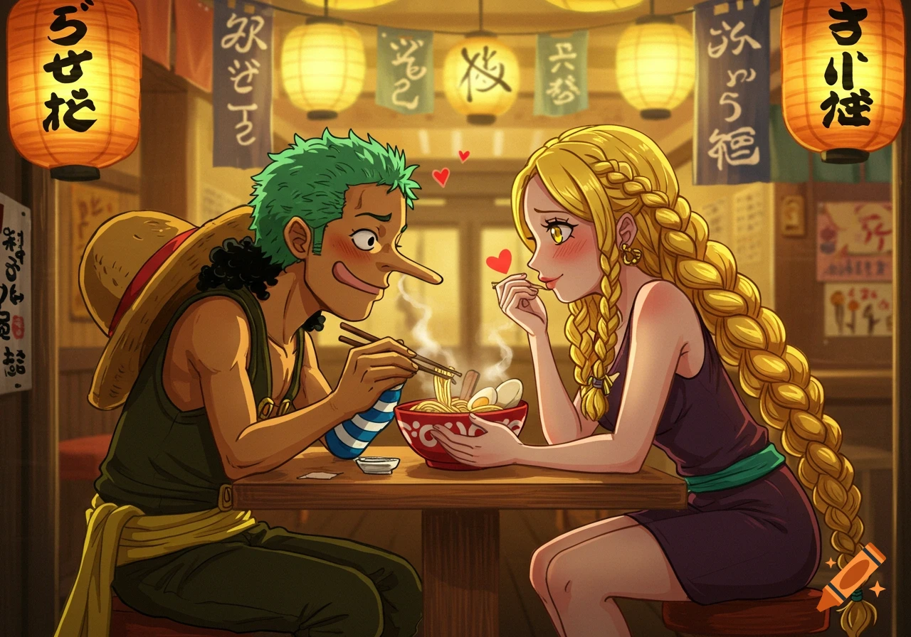 Anime-style illustration of Usopp from One Piece and a blonde woman with braids romantically eating ramen in a Japanese restaurant.