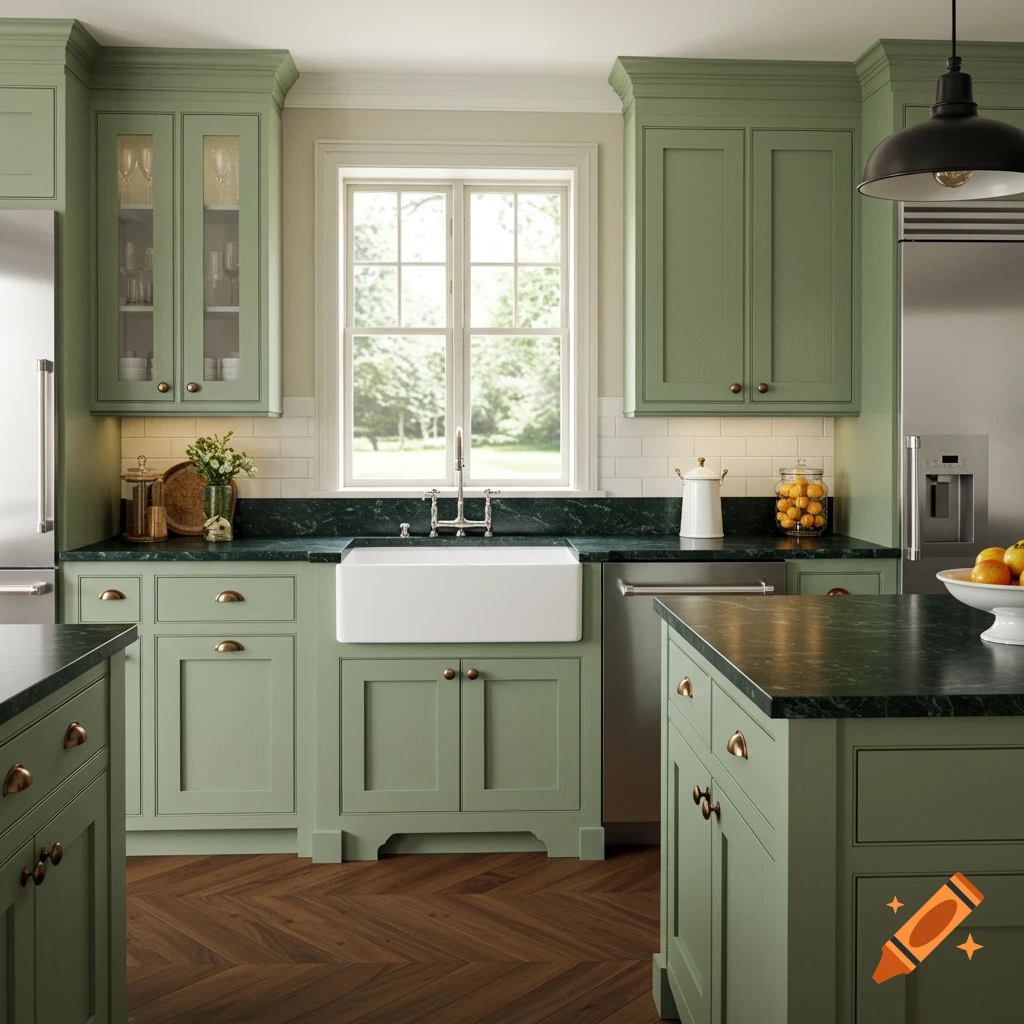 Photorealistic farmhouse kitchen with pistachio green shaker cabinets, dark green countertops, white farm sink, and walnut hardwood floors.