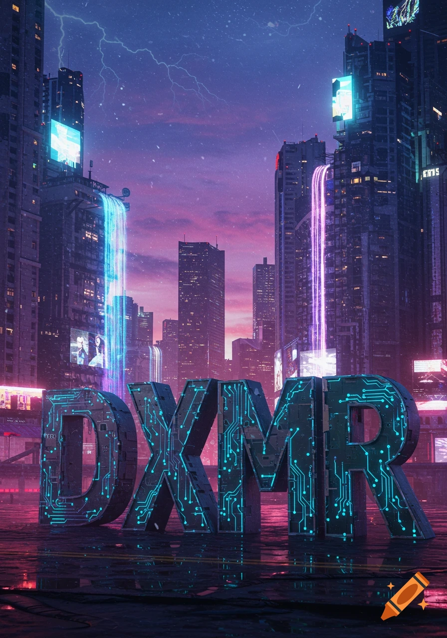 Cyberpunk cityscape at dusk with large glowing DXMR letters in the foreground, vibrant neon lights and lightning.