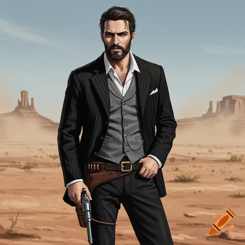 A bearded gunslinger in a pinstriped suit stands in a desert with a pistol at his side, western art style.