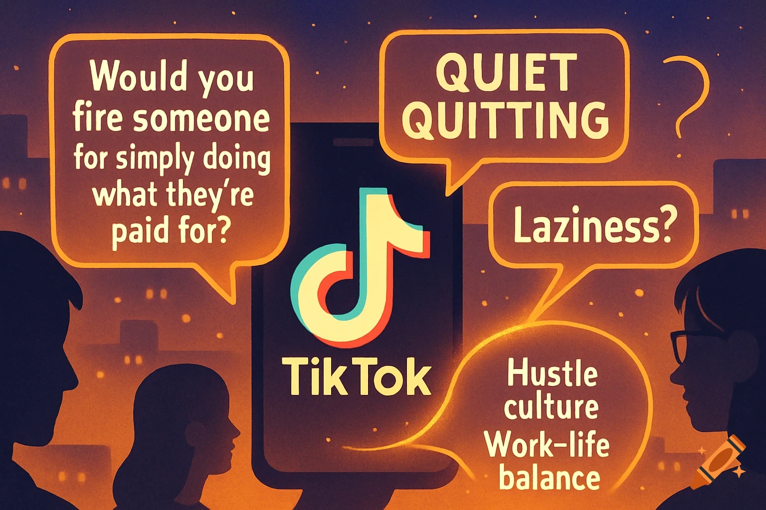 Illustration of people discussing 'quiet quitting' and work-life ...