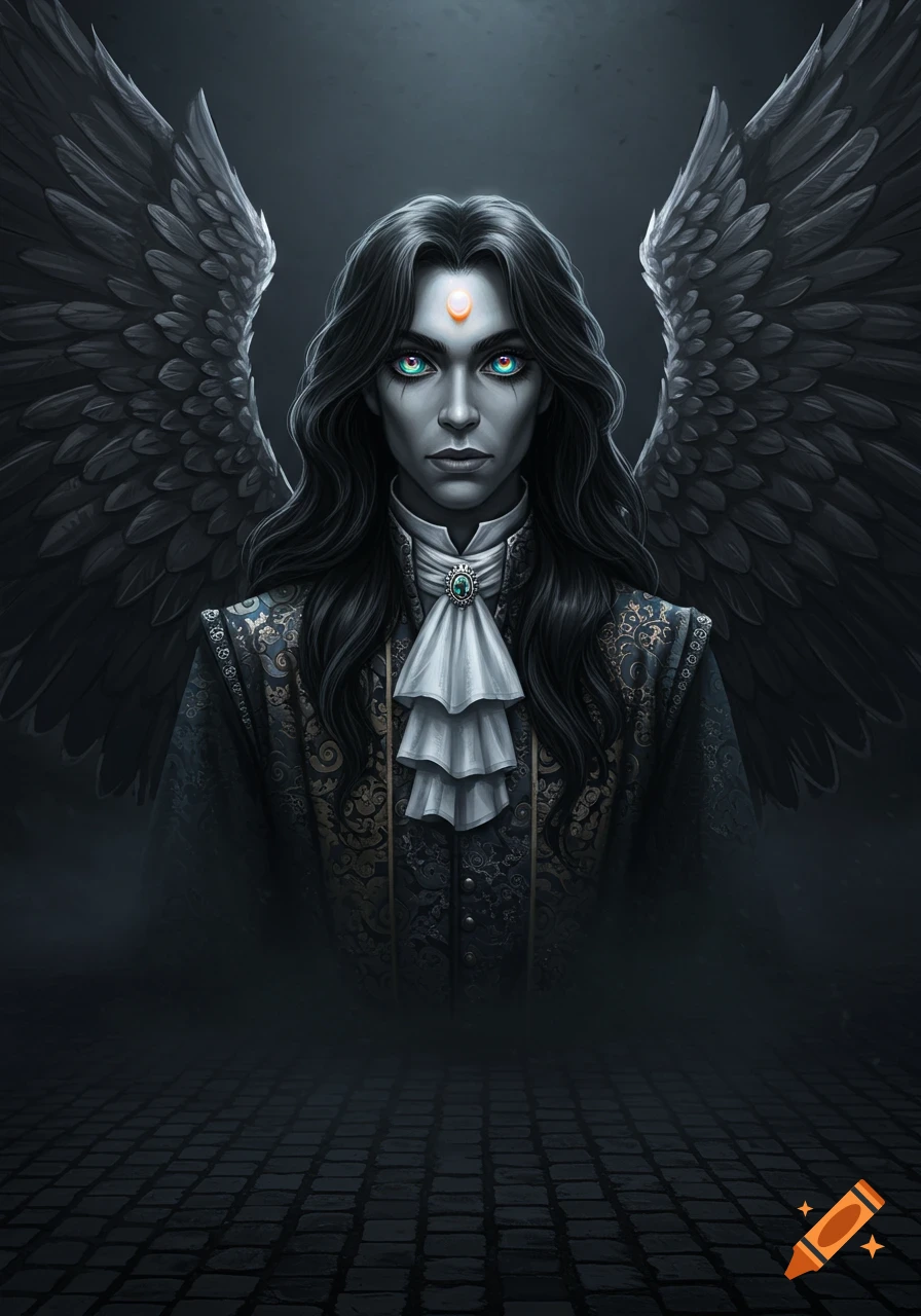 A dark-winged fantasy figure with long hair, bright blue eyes, and a crescent moon on their forehead, wearing an ornate jacket.