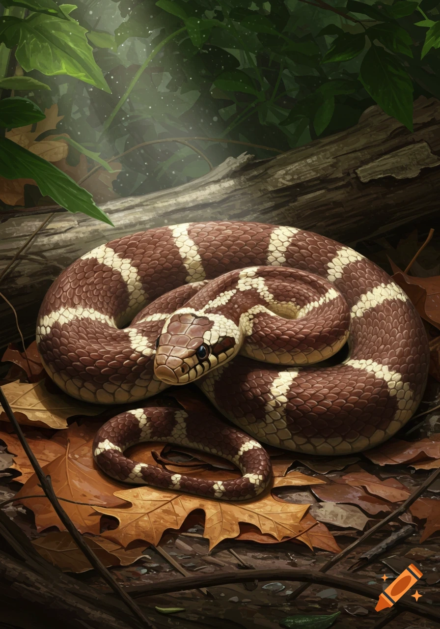 An eastern milksnake with brown and white bands coiled on a bed of dry leaves in a sunlit forest.
