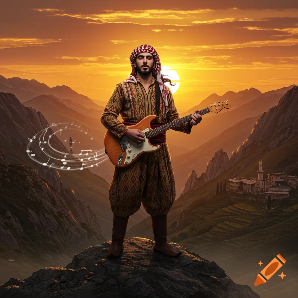 A Middle Eastern man in traditional attire and a keffiyeh stands on a mountain peak, playing an electric guitar as musical notes float around him at sunset.