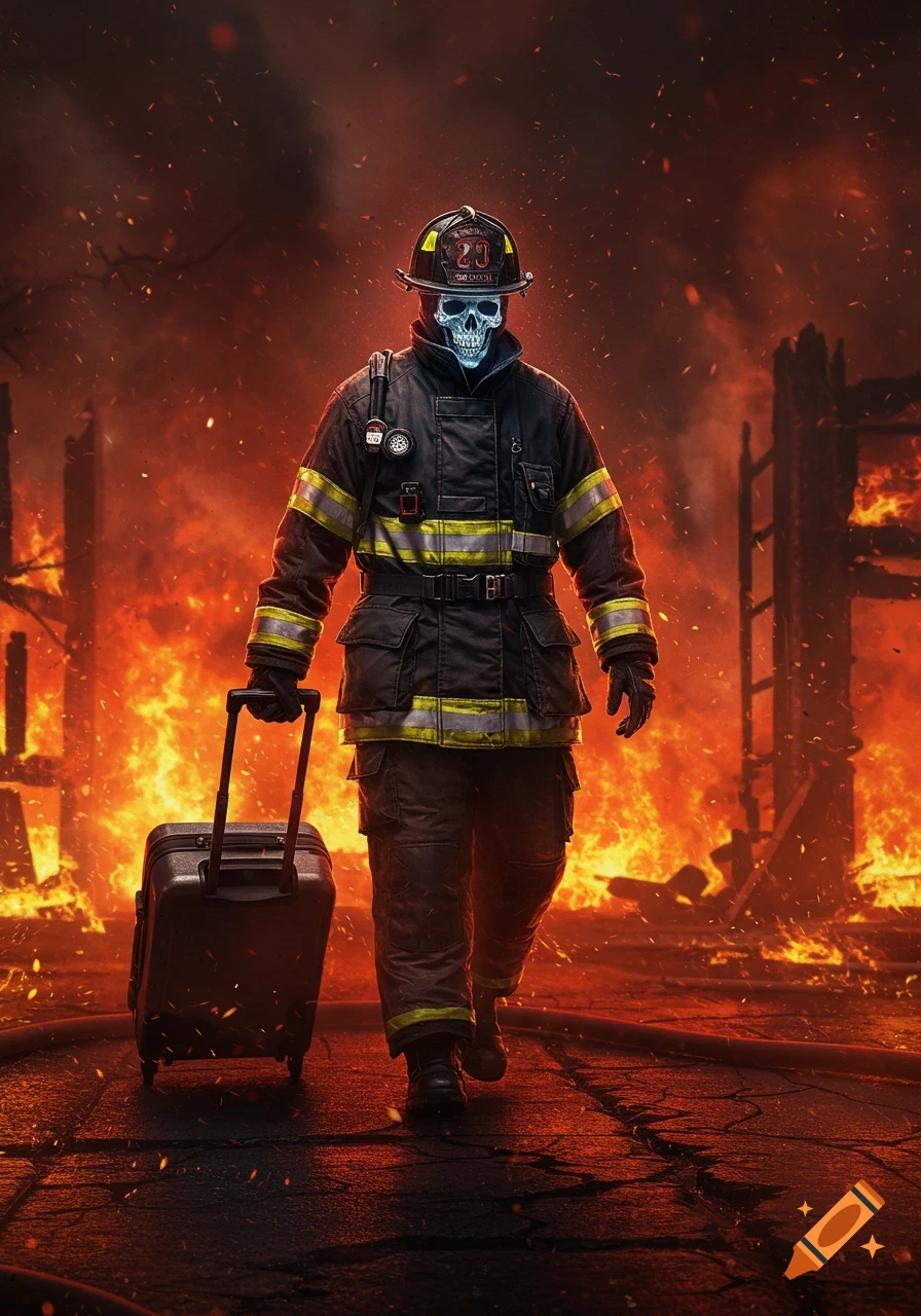 A stylized firefighter with a glowing blue skull face, wearing bunker gear, walks through a burning cityscape, pulling a small suitcase.