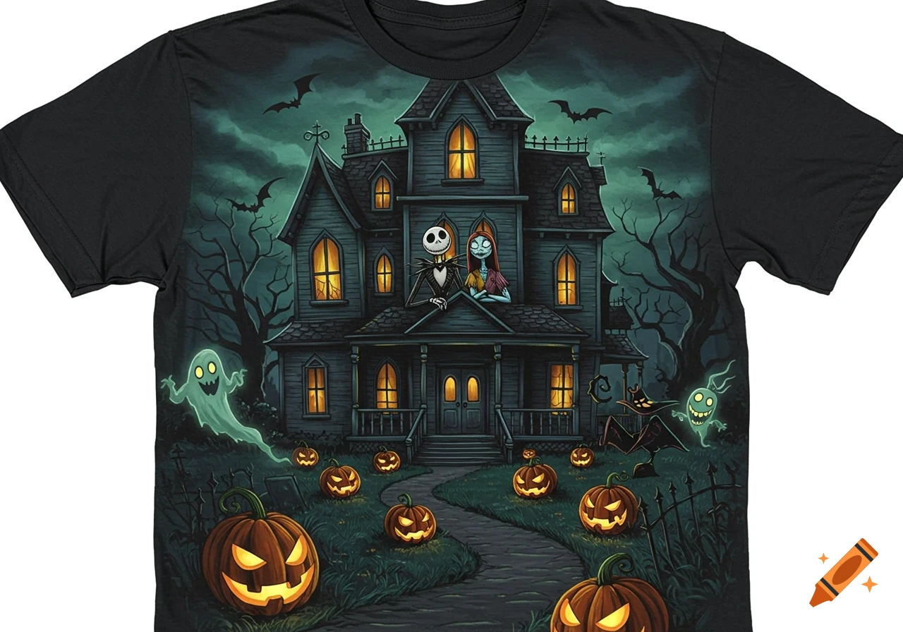 Black t-shirt with a detailed illustration of a haunted mansion, Jack Skellington and Sally, glowing pumpkins, ghosts, and bats.