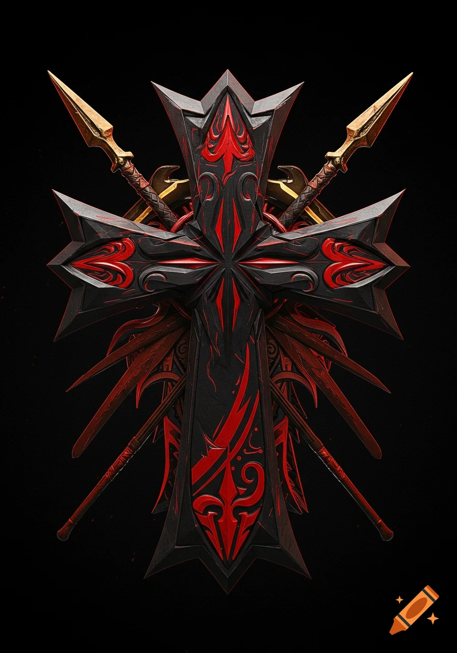 A striking black cross with aggressive red patterns and gold-tipped spears, set against a dark background.