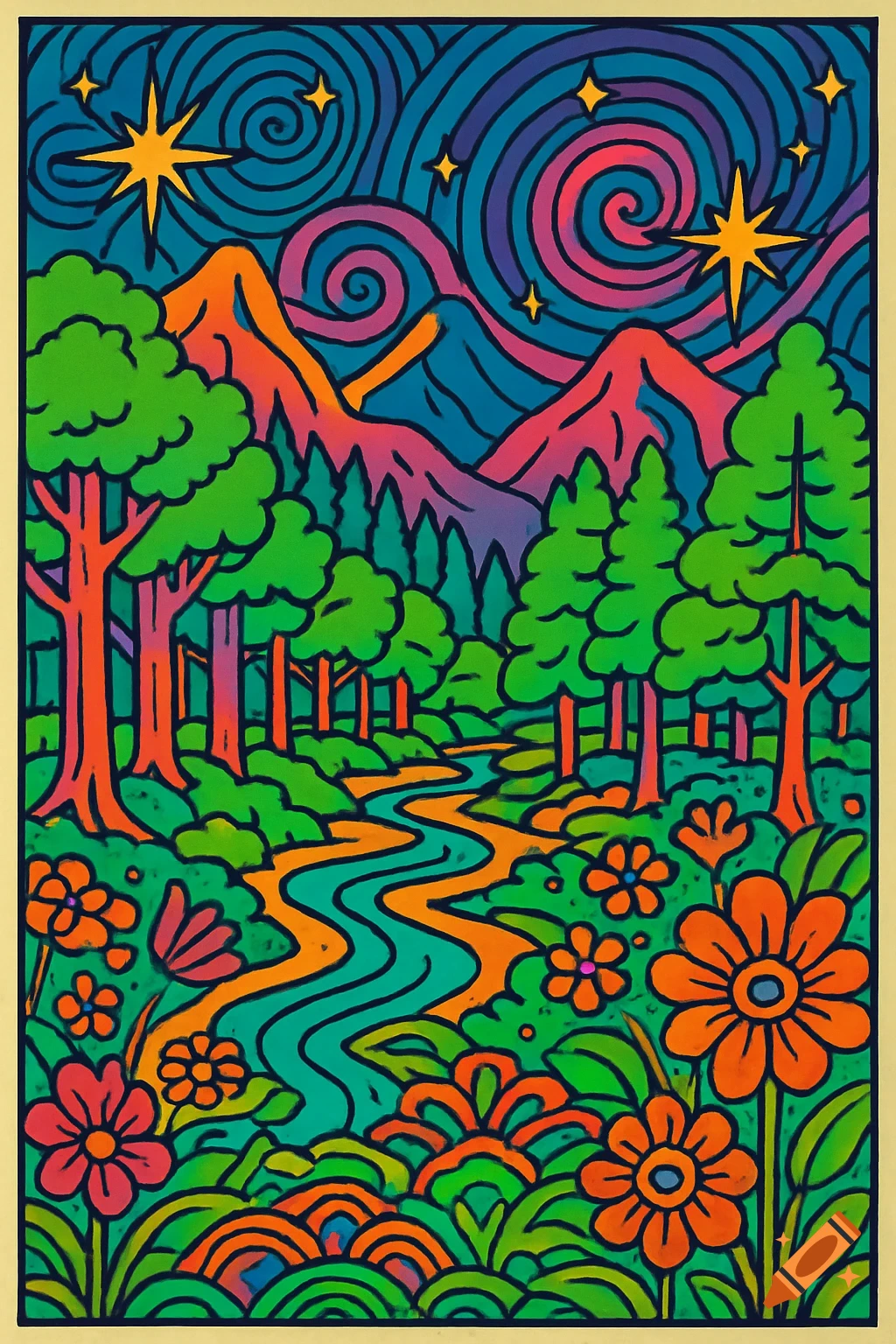 A vibrant, psychedelic illustration of a nature scene with a river, trees, mountains, stars, and colorful flowers, in the style of a 1970s poster.