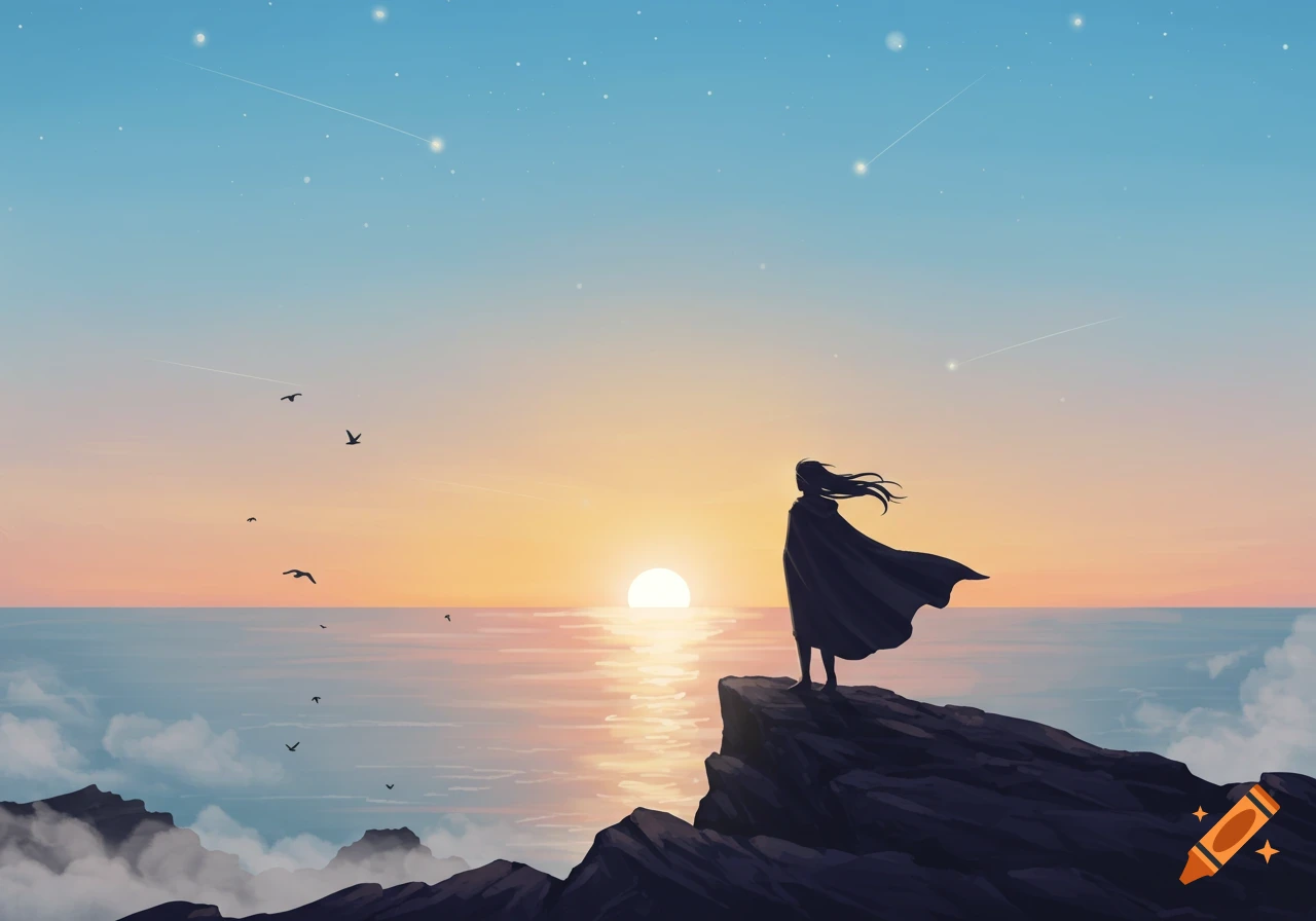 Stylized illustration of a cloaked figure on a cliff overlooking a vibrant ocean sunset with stars and birds.