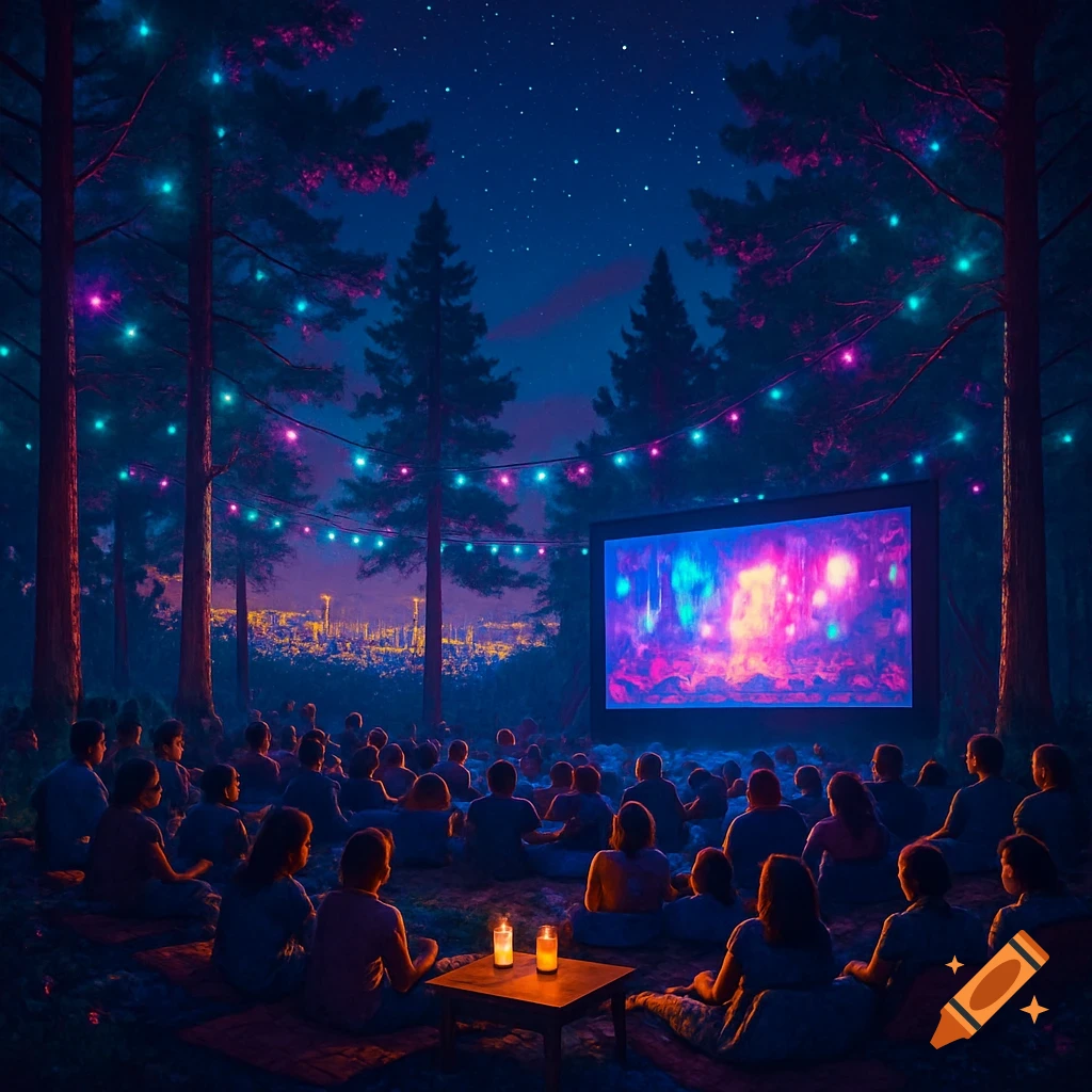 A group of people watching an outdoor movie screen at night in a forest lit by neon string lights with a distant city skyline.