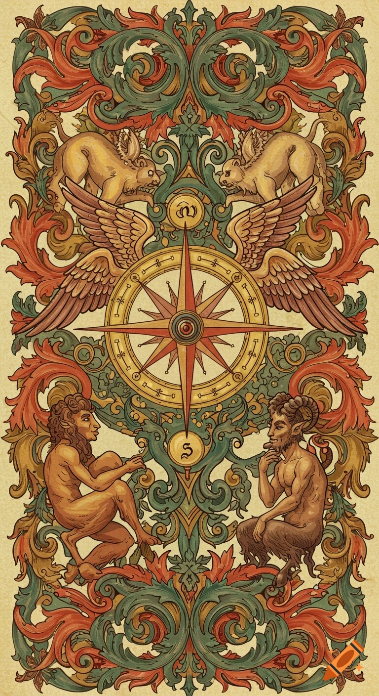 A vertical fantasy illustration in the style of a 1600s illuminated manuscript, featuring a mythical bestiary with griffin-like creatures, satyrs, a compass, and ornate baroque flourishes.