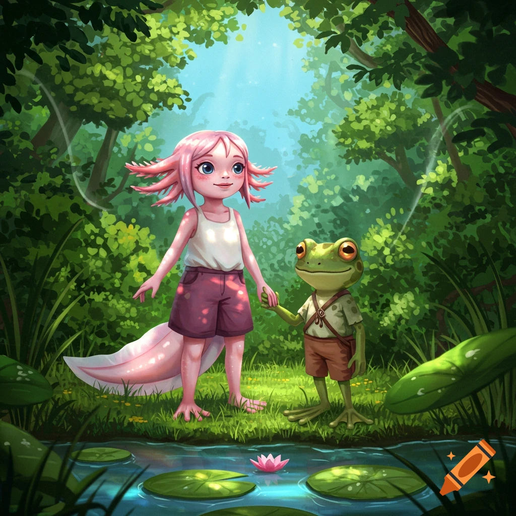 A whimsical illustration of a pink axolotl girl and a frog boy holding hands in a sunlit green forest with a pond.