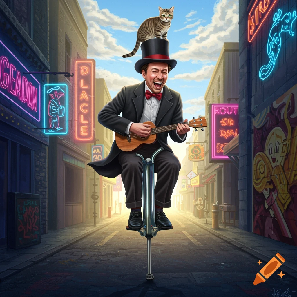 A man in a top hat plays a ukulele on a pogo stick, with a cat balancing on his hat, on a colorful city street.