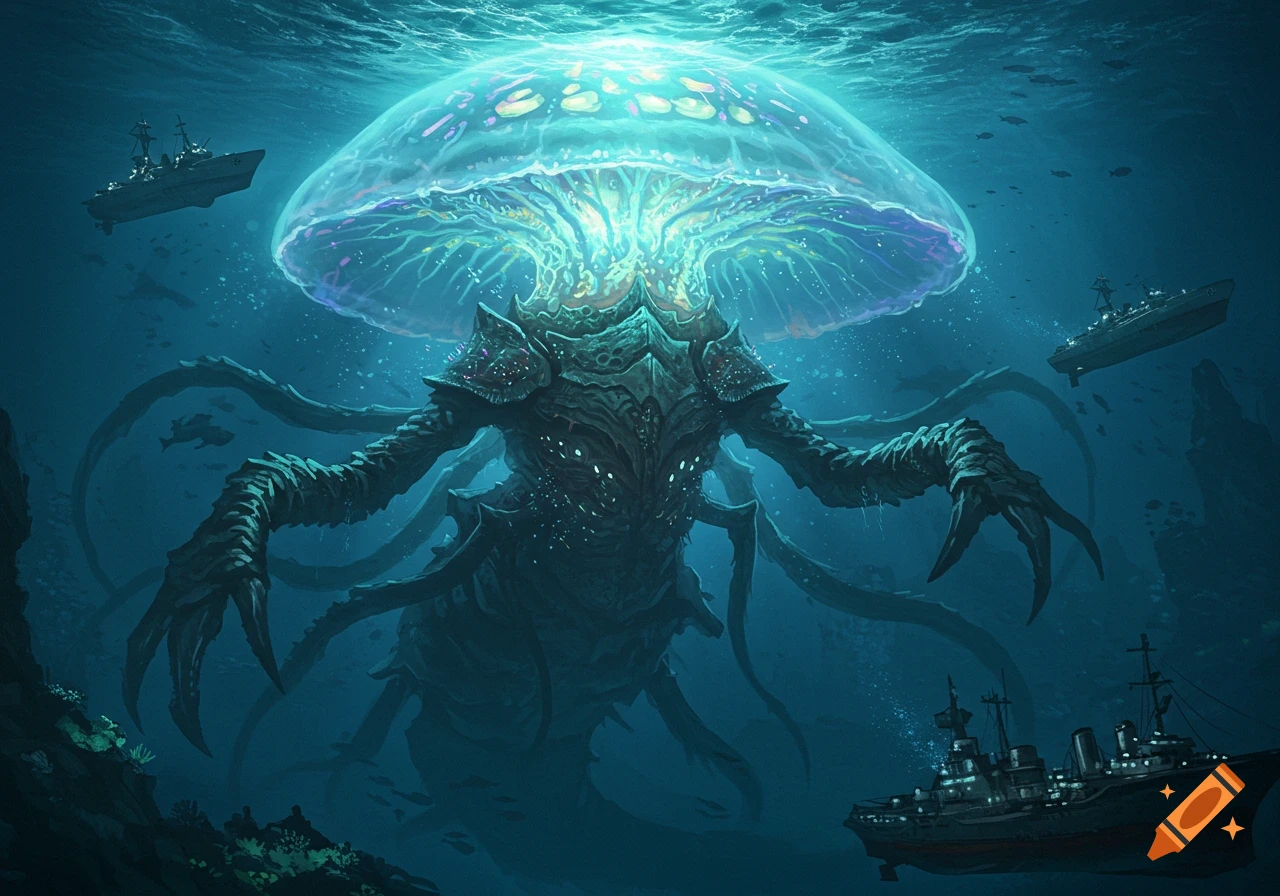 A colossal glowing armored jellyfish-like monster with clawed limbs and tentacles looms over naval ships in deep blue water.