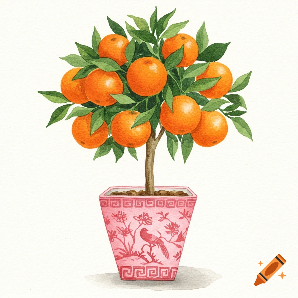 Watercolor illustration of an orange fruit tree in a pink chinoiserie square pot.