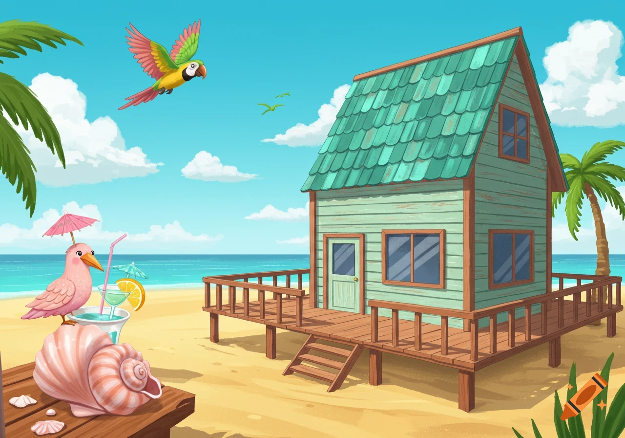 A cartoon beach scene with a green parrot flying over a turquoise-roofed house on stilts, a pink bird next to a cocktail, and a seashell on a wooden table.