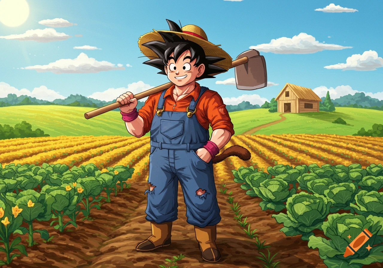 Goku in a straw hat and overalls holding a hoe in a sunny farm field with crops and a barn in the background, anime style.