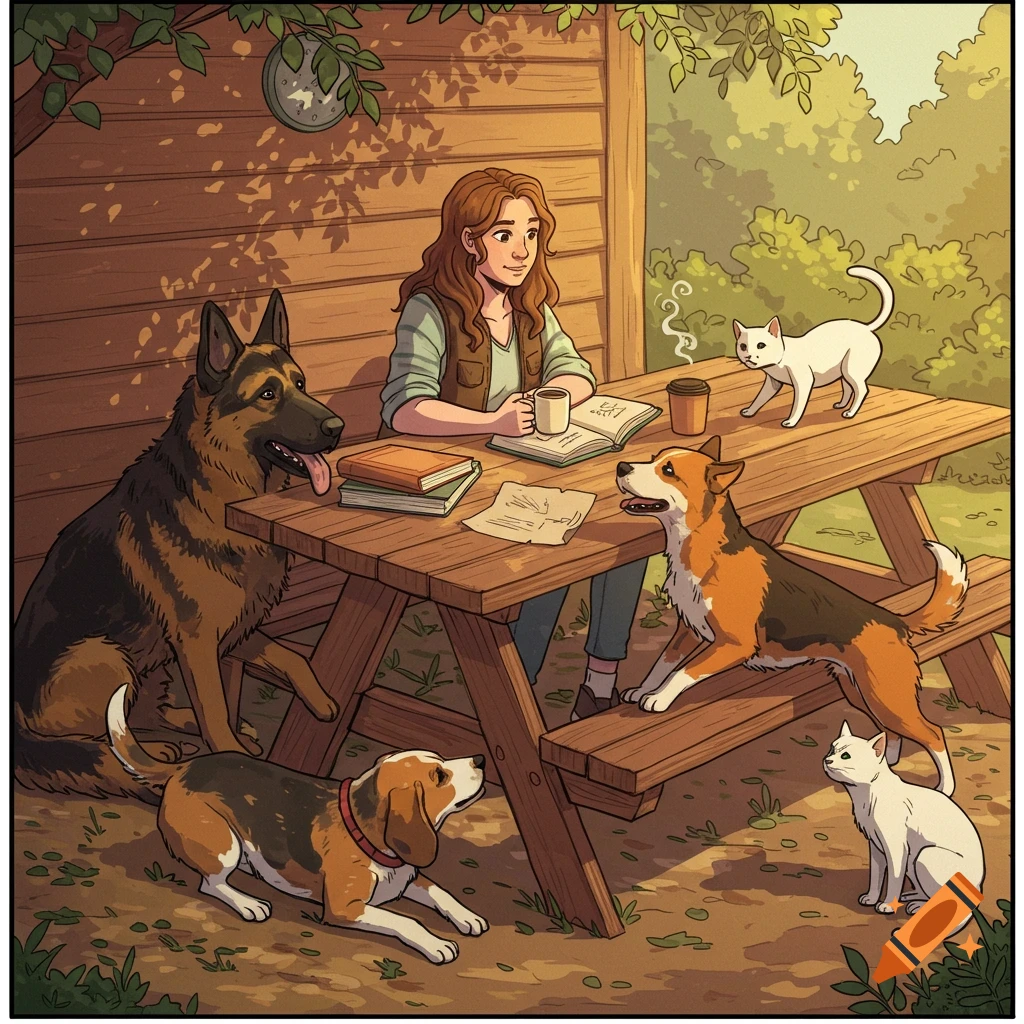 A woman sits at an outdoor picnic table with a German Shepherd, beagle, corgi, and two white cats surrounding her in a comic book illustration.